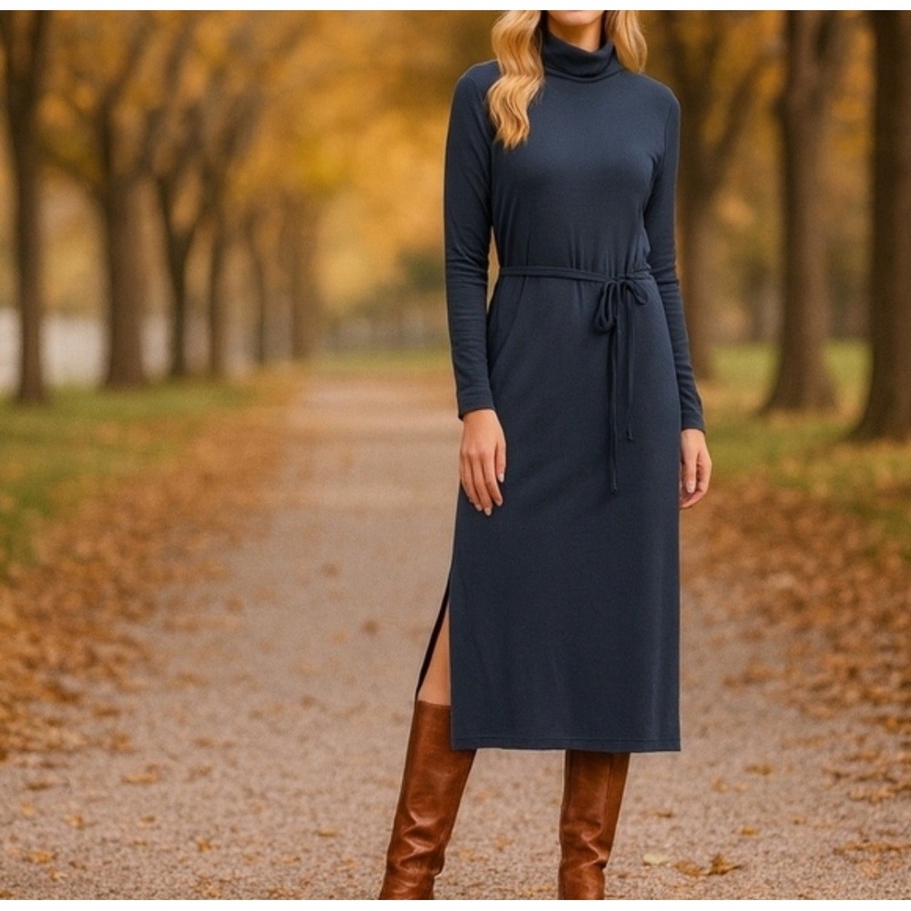 Garnet Hill‎ Maxi Dress Women Medium Navy Blue Turtleneck Tencel Preppy Casual